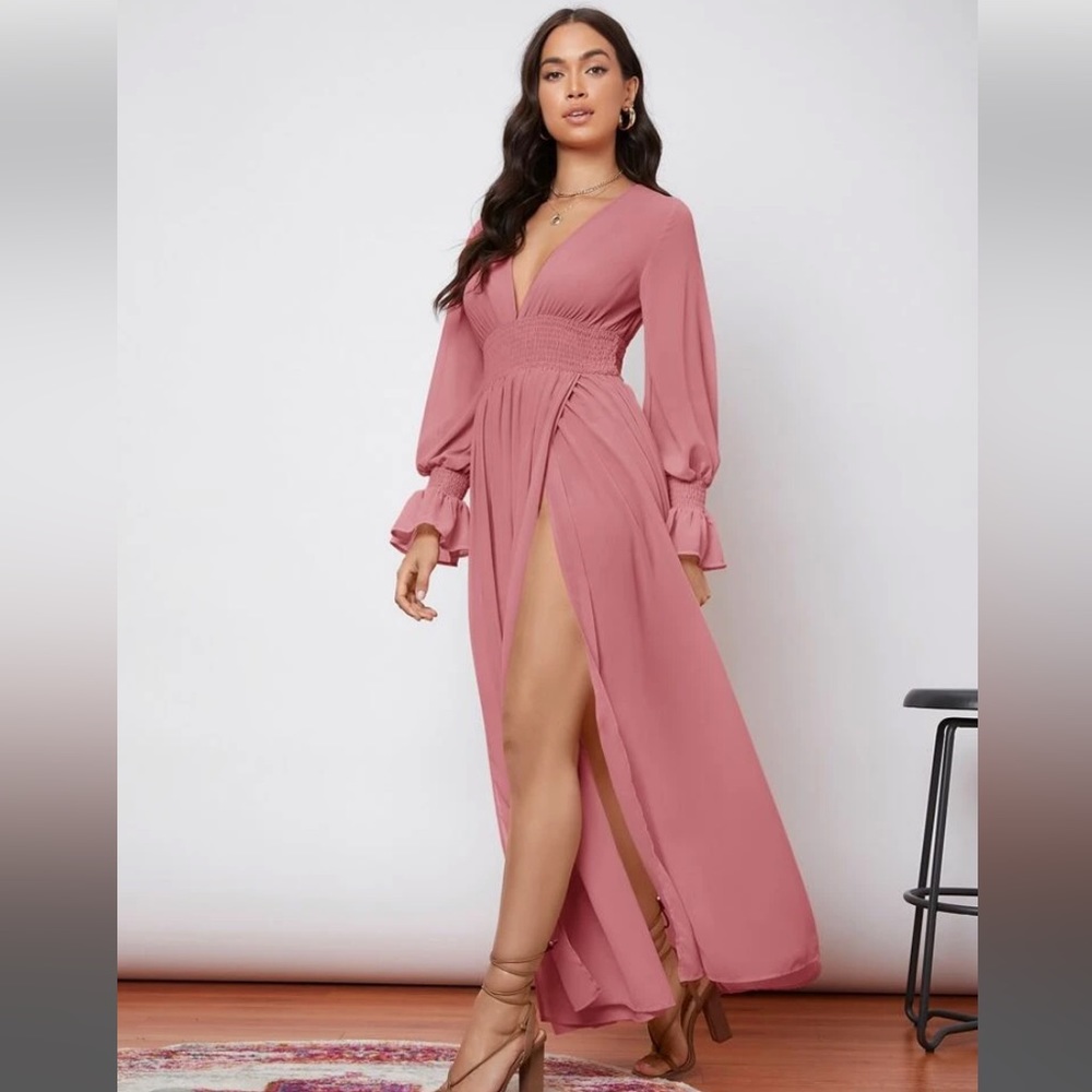 Flounce Sleeve Shirred Waist Wrap Hem Dress